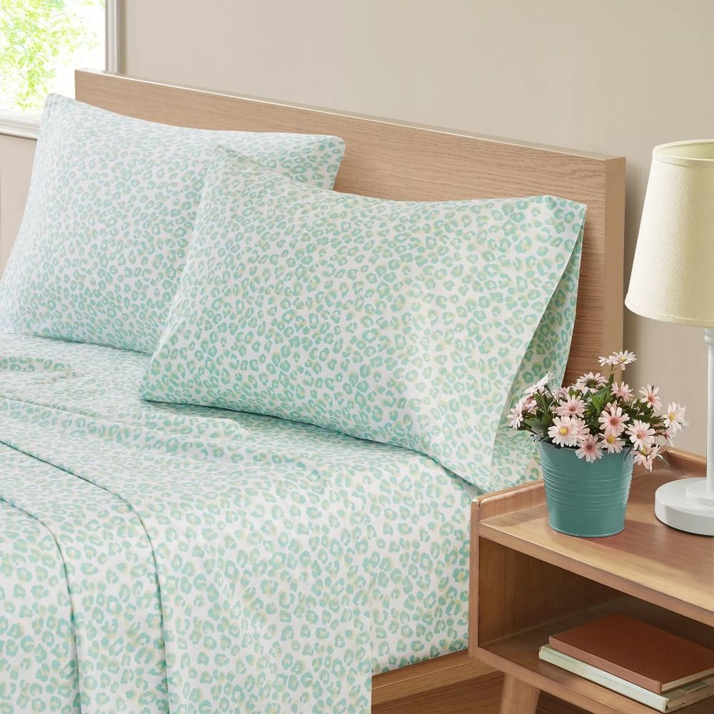 new Marmalade brand Lightweight 100% Cotton Full Sheet Set in Mint Green Leopard